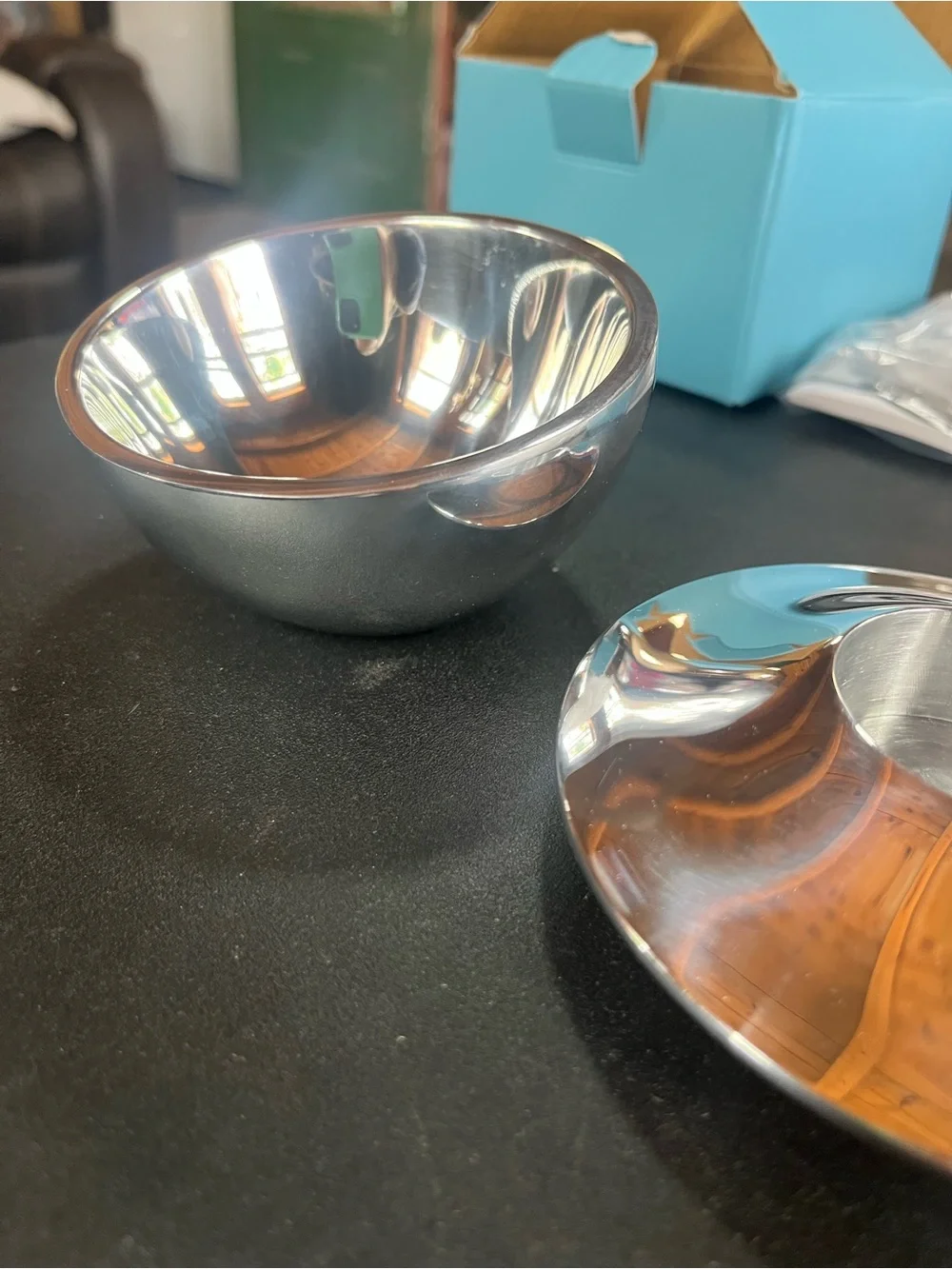 Set of 2 NAMBE’ items. Bowl and candleholder. Silver tone. Pre-owned